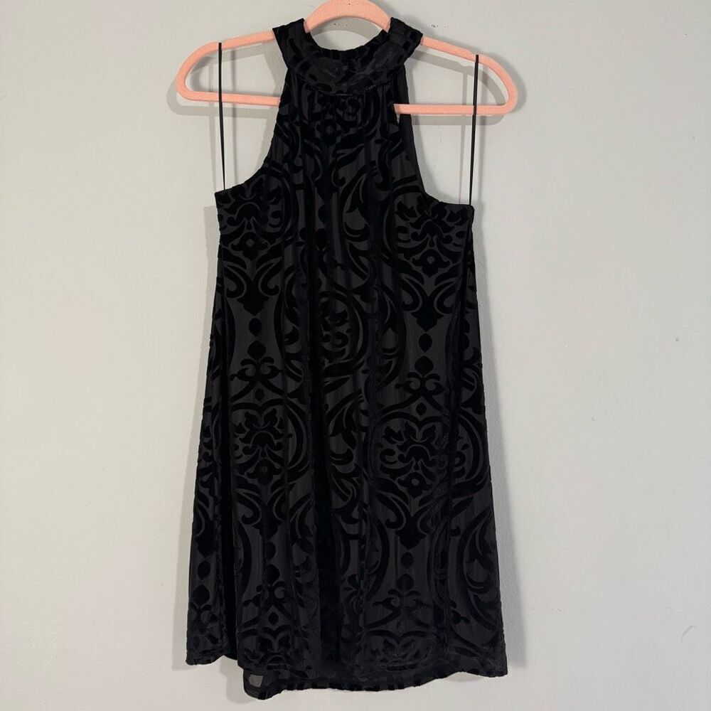 Francesca’s Velour Art Deco Little Black Cocktail Party Halter Mini Dress S